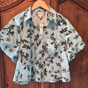 NWT Maeve Mint Blue Floral Zooey Bubble Sleeve Button Down A Line Shirt Size S